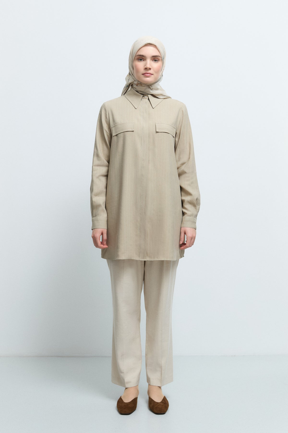 Linen Blend Tunic with Pocket Flap - Sand