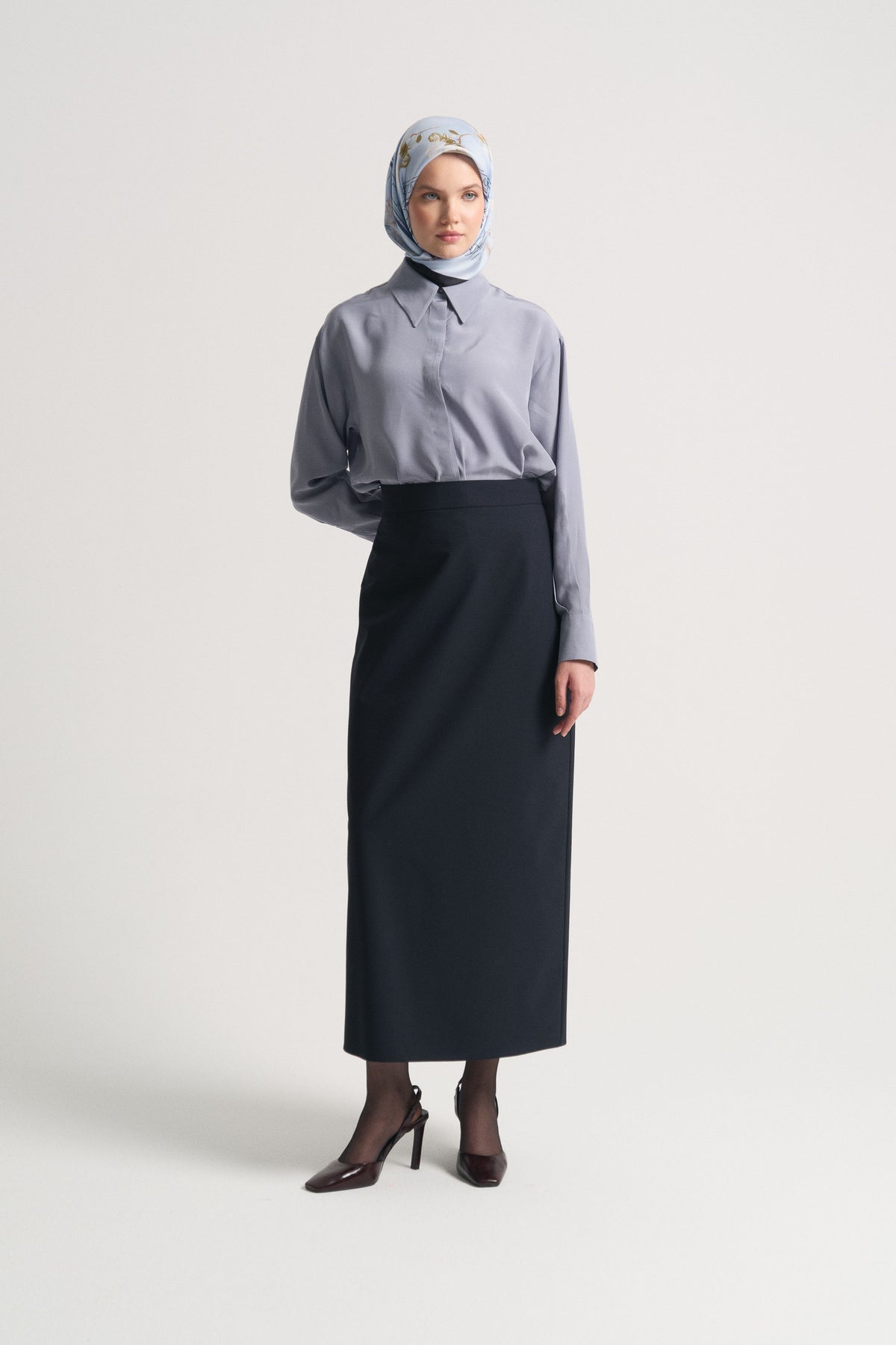 Pencil Skirt with Slit Detail - Navy Blue