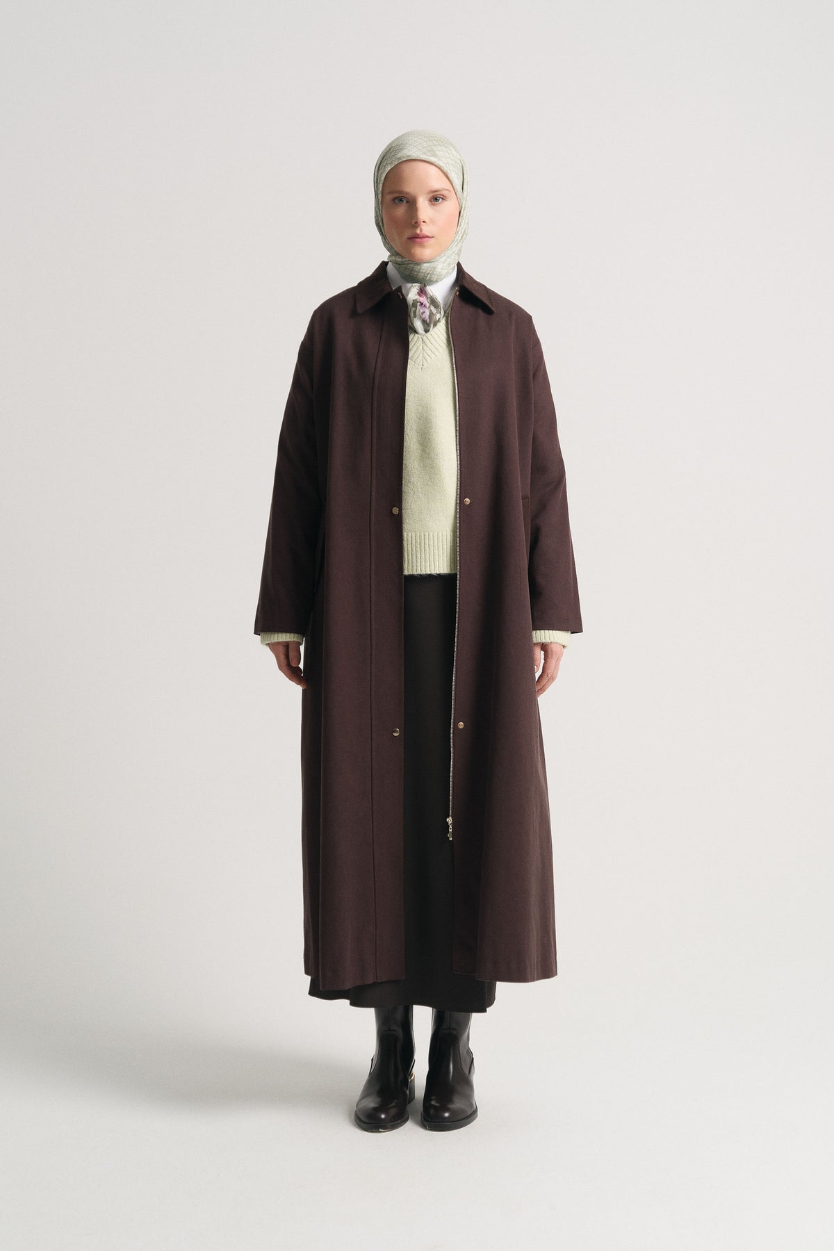 Lyocell Blend Hidden Button Trench Coat - Brown