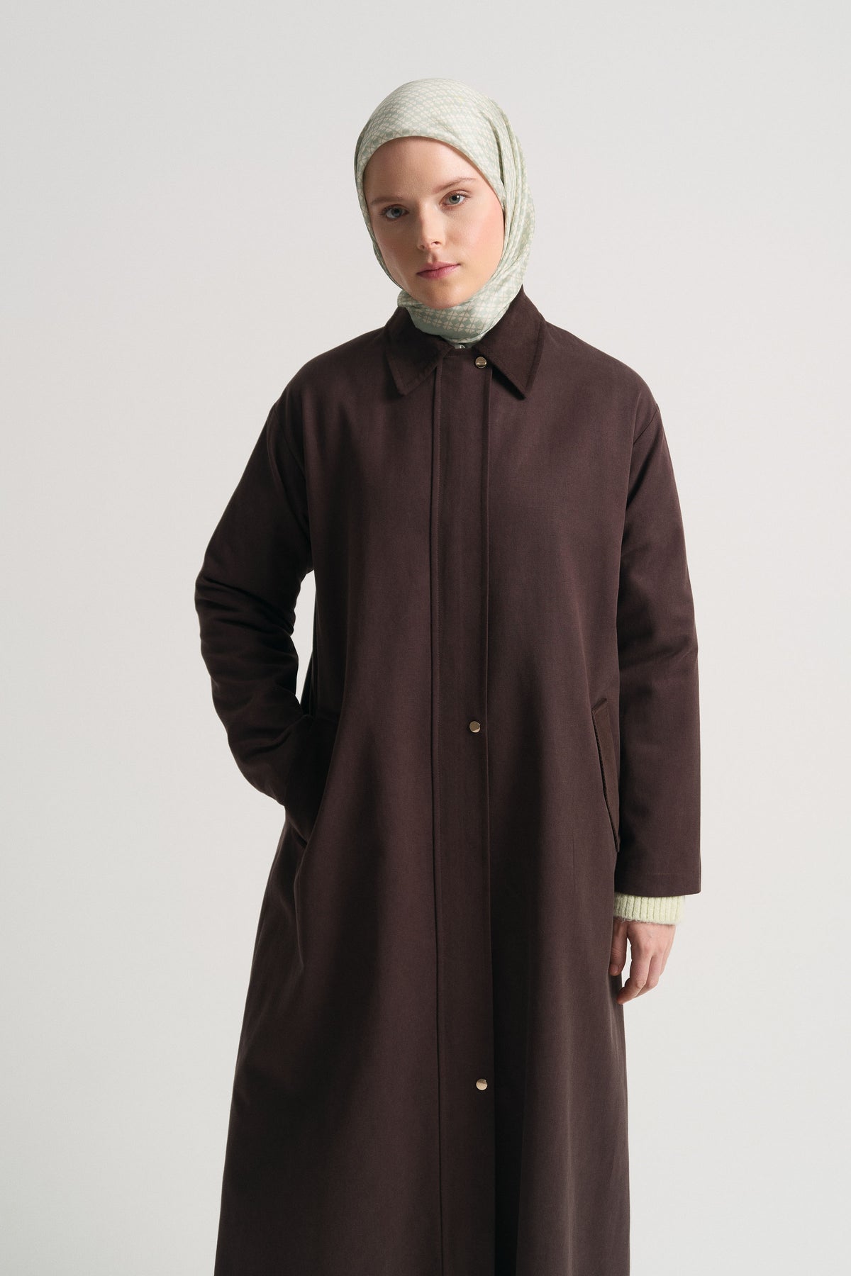 Lyocell Blend Hidden Button Trench Coat - Brown