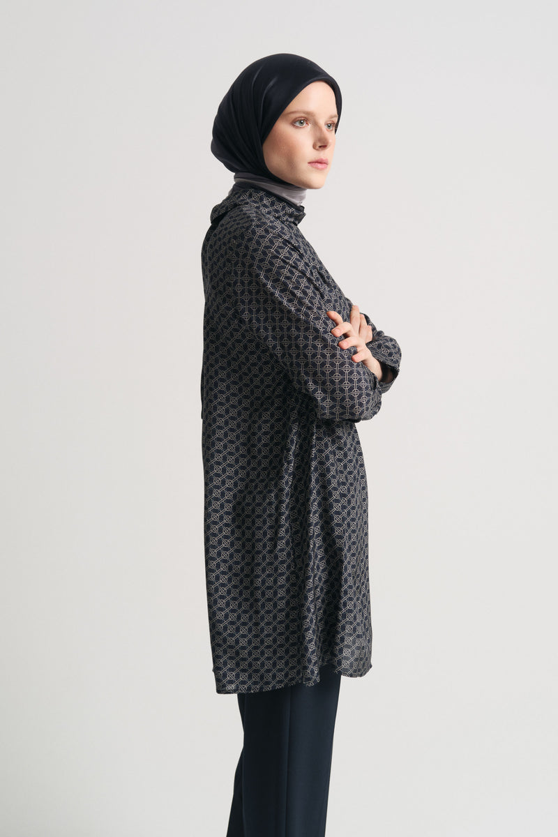 Viscose Blend Patterned Tunic with Scarf Detail at Neck - Navy Blue