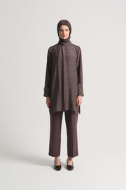 Viscose Blend Patterned Tunic with Scarf Detail at Neck - Plum