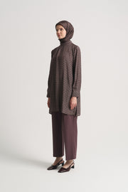 Viscose Blend Patterned Tunic with Scarf Detail at Neck - Plum