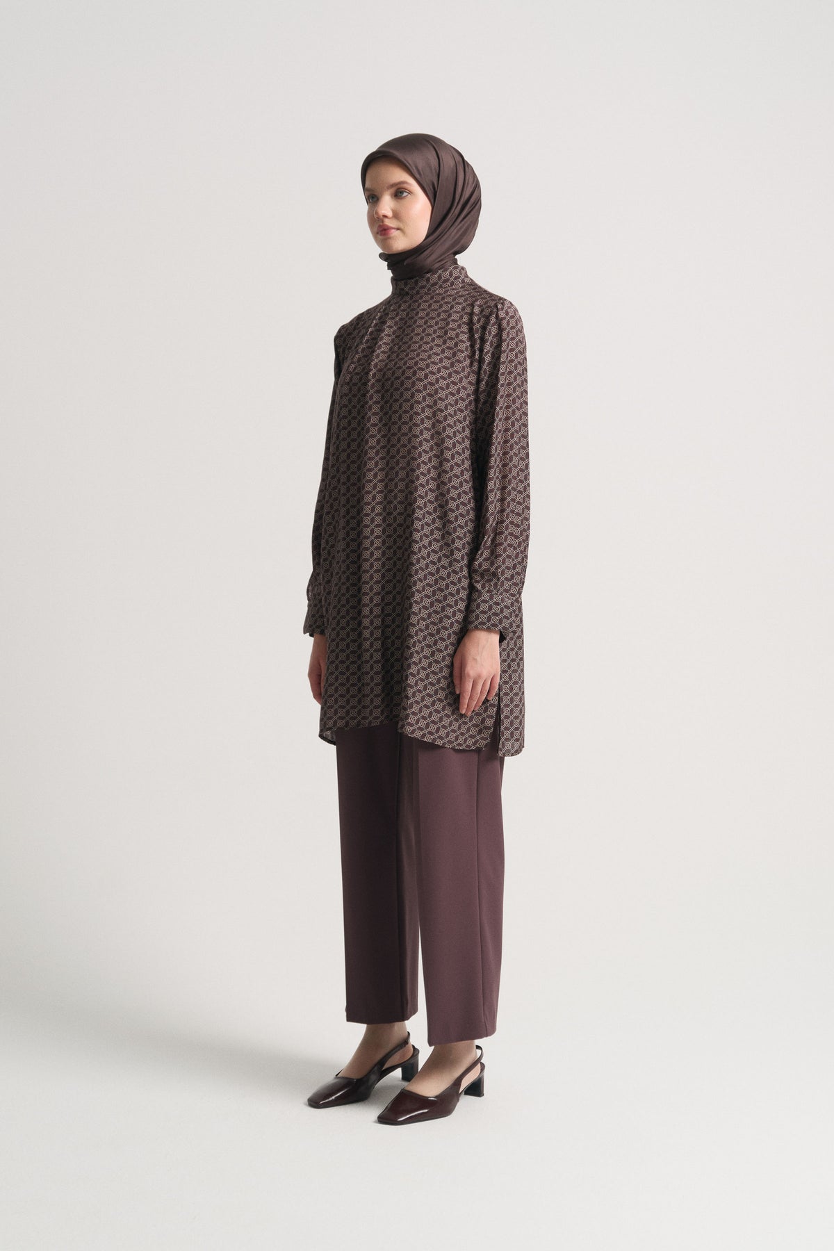 Viscose Blend Patterned Tunic with Scarf Detail at Neck - Plum
