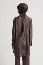 Viscose Blend Patterned Tunic with Scarf Detail at Neck - Plum