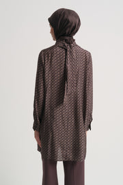 Viscose Blend Patterned Tunic with Scarf Detail at Neck - Plum