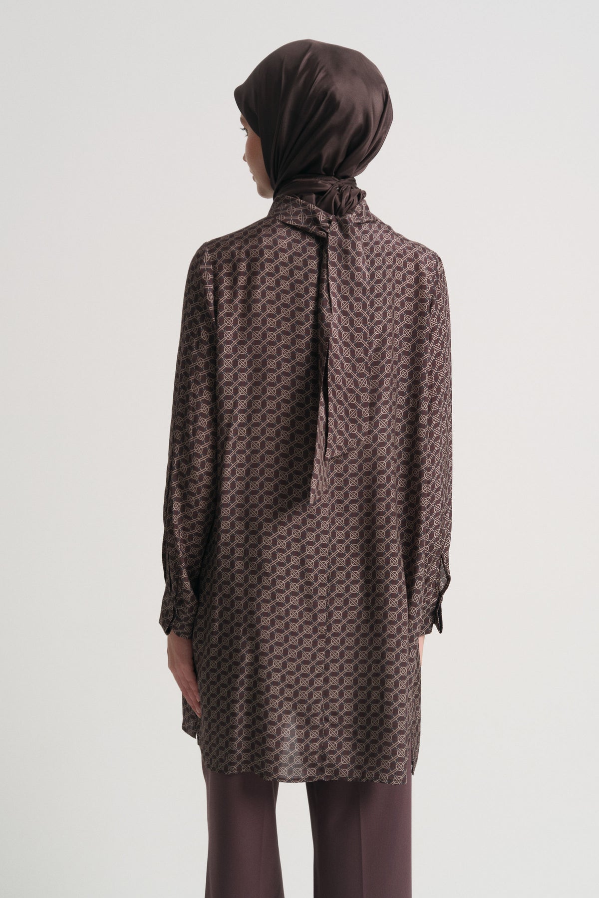Viscose Blend Patterned Tunic with Scarf Detail at Neck - Plum