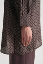 Viscose Blend Patterned Tunic with Scarf Detail at Neck - Plum