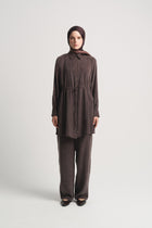 Lyocell Blend Gathered Waist Set - Coffee