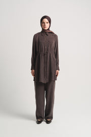 Lyocell Blend Gathered Waist Set - Coffee