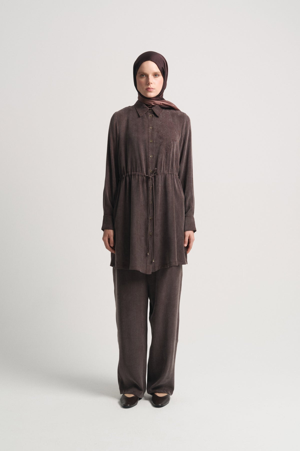 Lyocell Blend Gathered Waist Set - Coffee