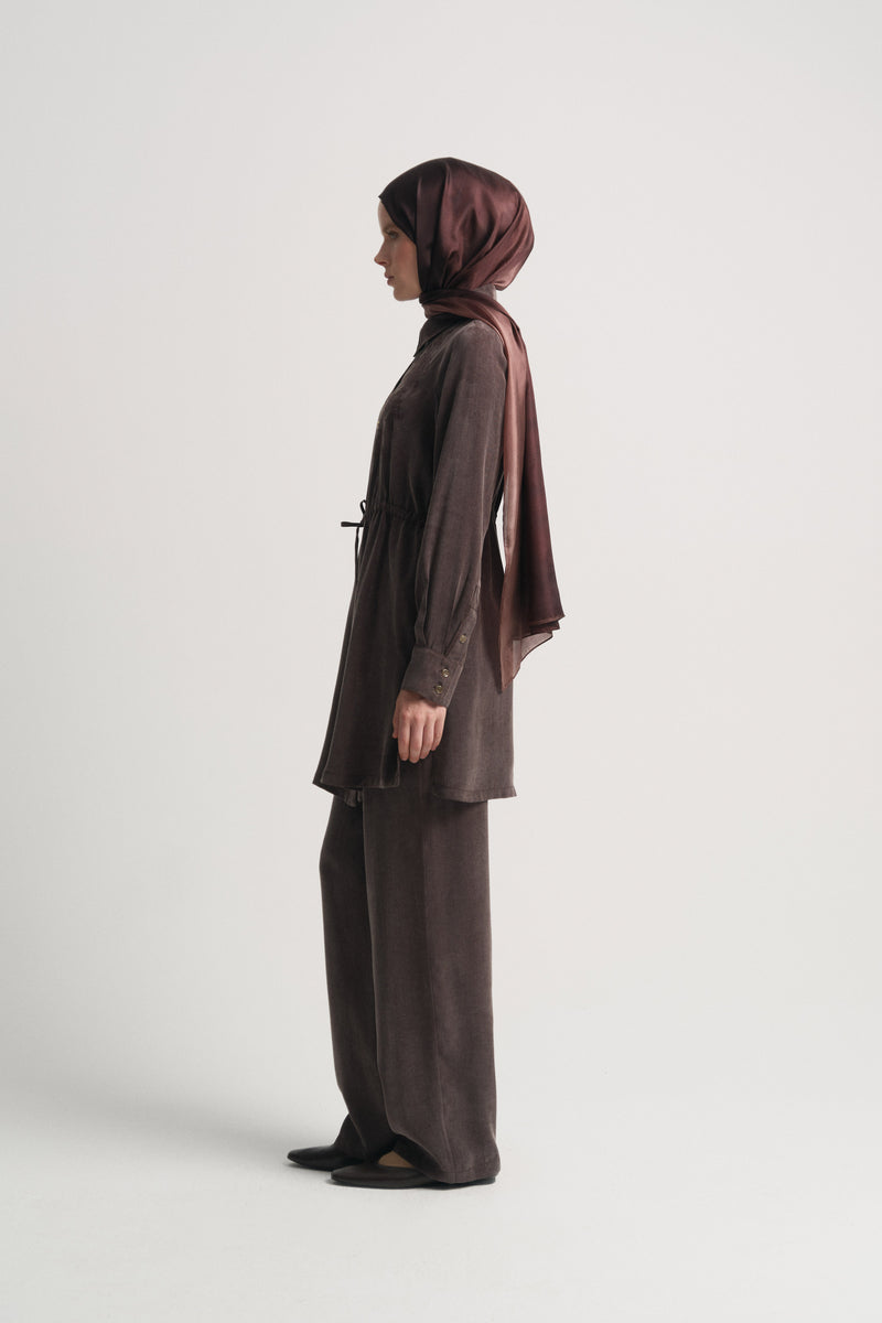 Lyocell Karışım Beli Büzgülü Takım - Kahve
