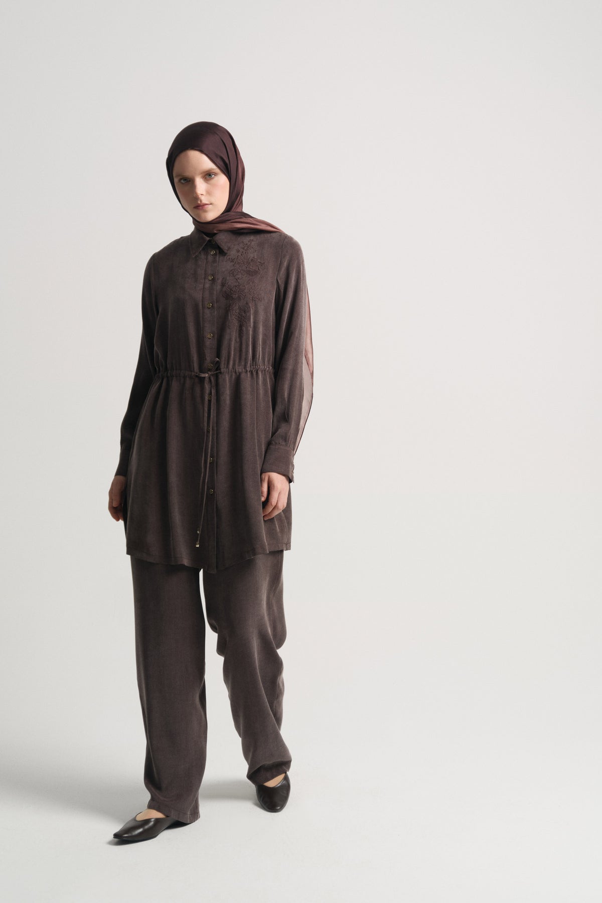 Lyocell Blend Gathered Waist Set - Coffee
