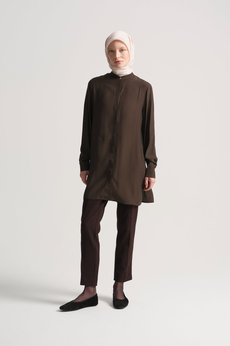 100% Viscose Stand-Up Collar Tunic - Coffee