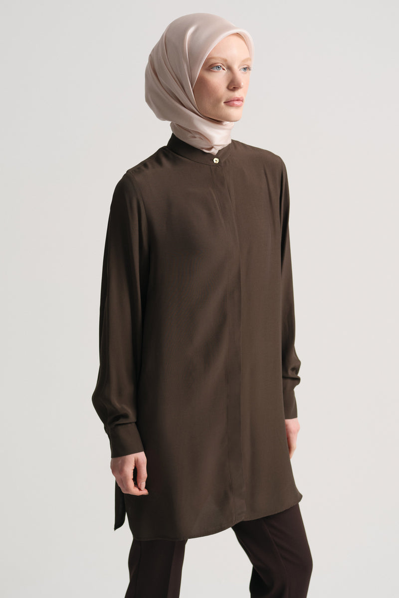 100% Viscose Stand-Up Collar Tunic - Coffee