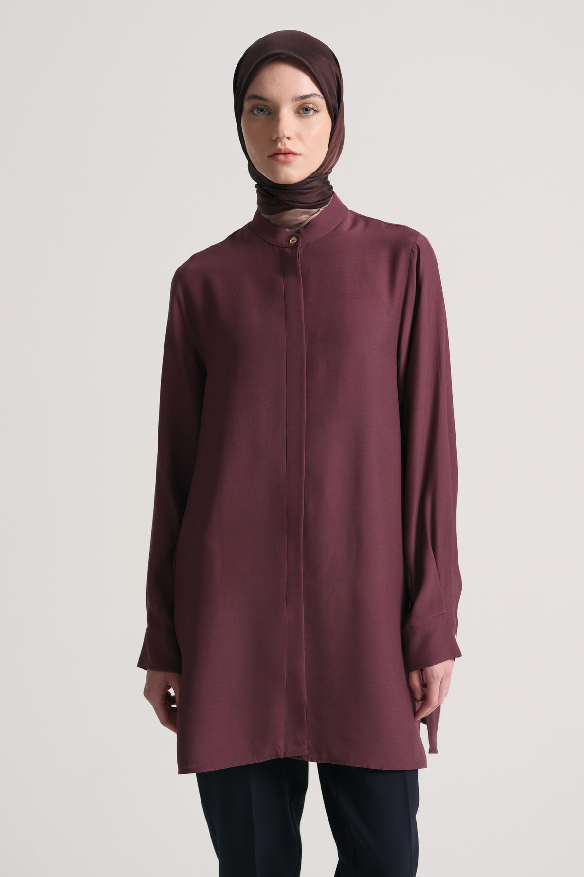 100% Viscose Mandarin Collar Tunic - Plum