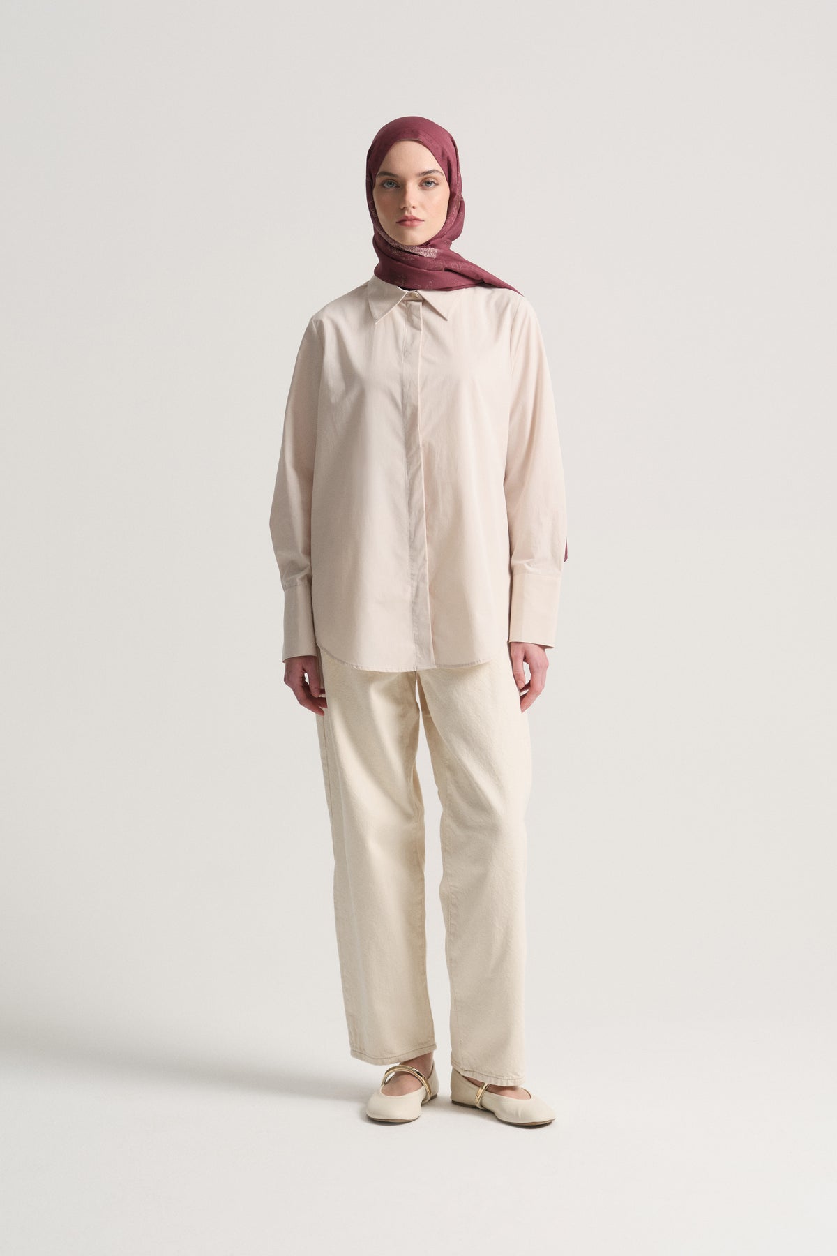 100% Cotton Hidden Placket Shirt - Ecru