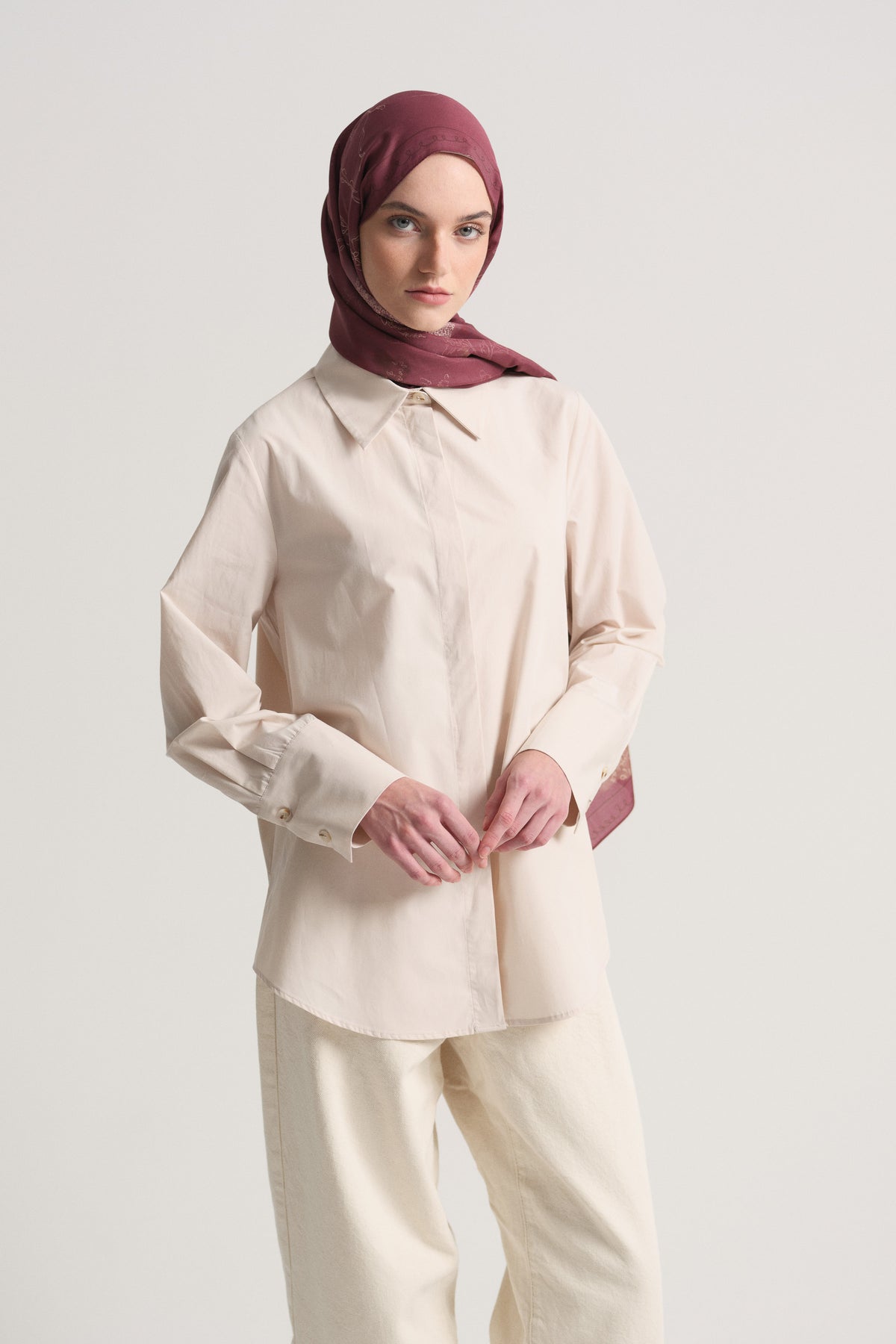 100% Cotton Hidden Placket Shirt - Ecru