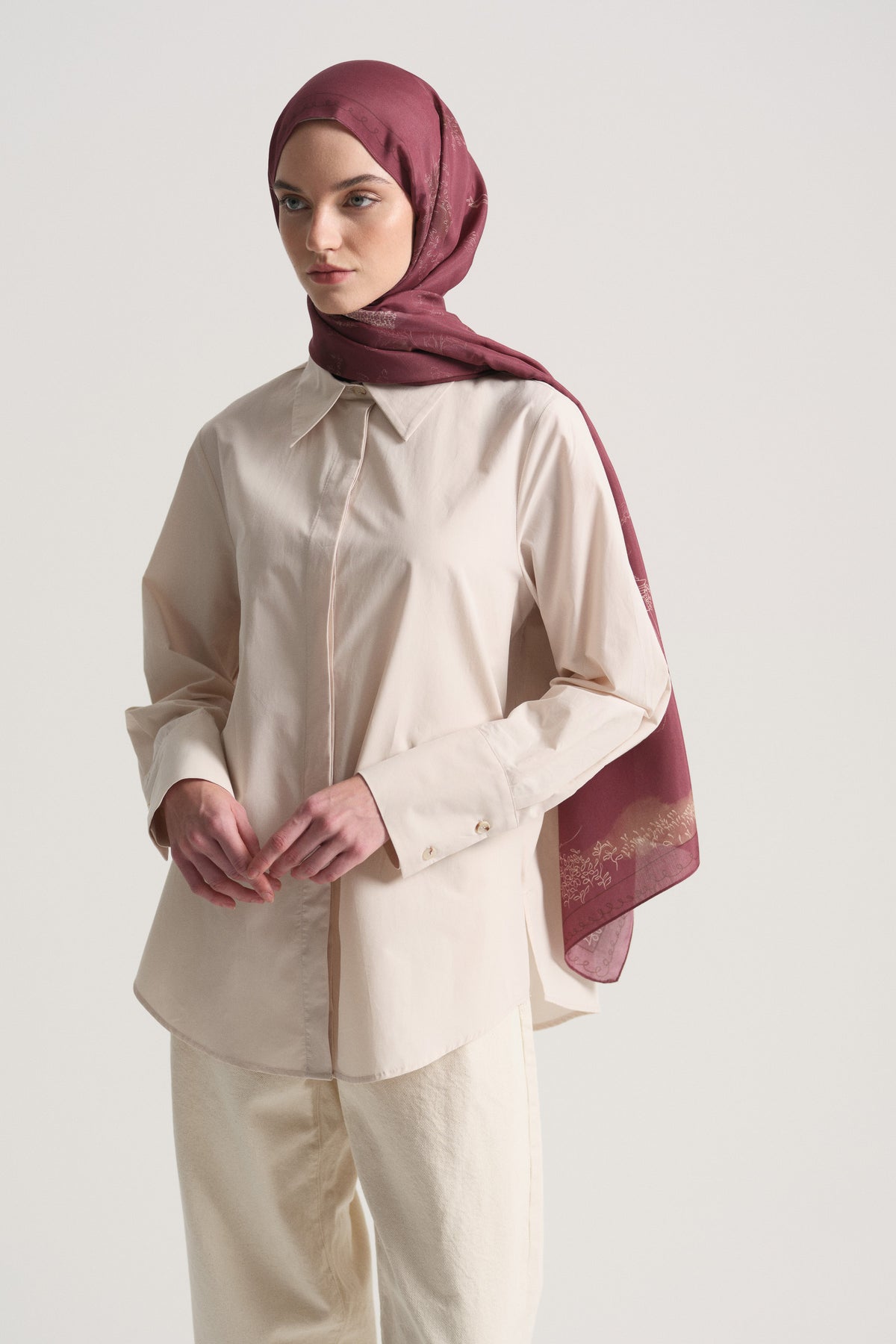 100% Cotton Hidden Placket Shirt - Ecru