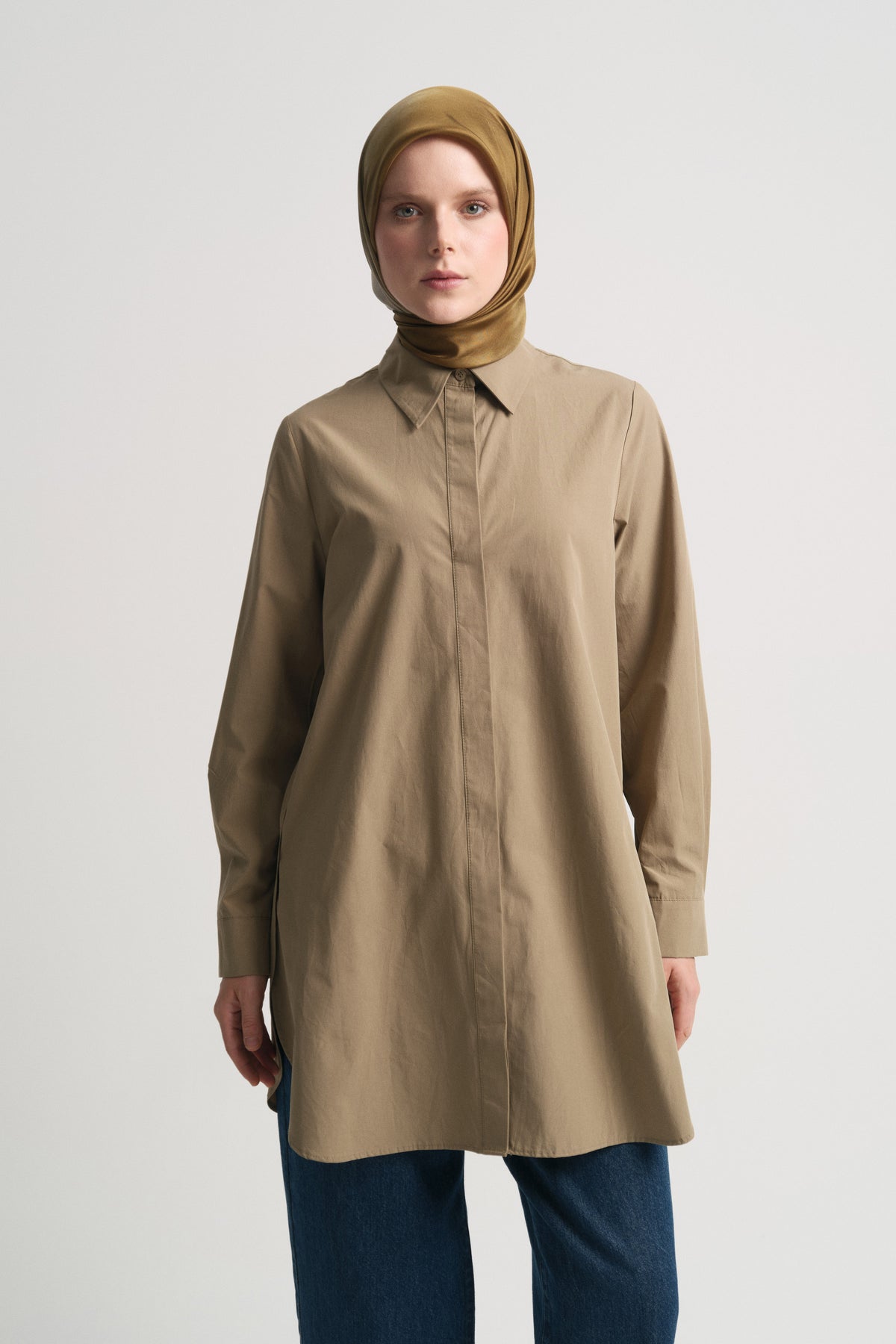100% Cotton Shirt Collar Tunic - Khaki