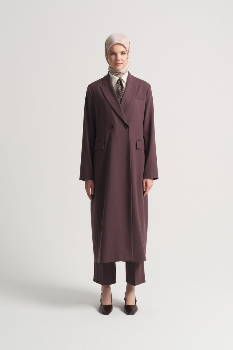 Long Coat with Pocket Flap - Plum