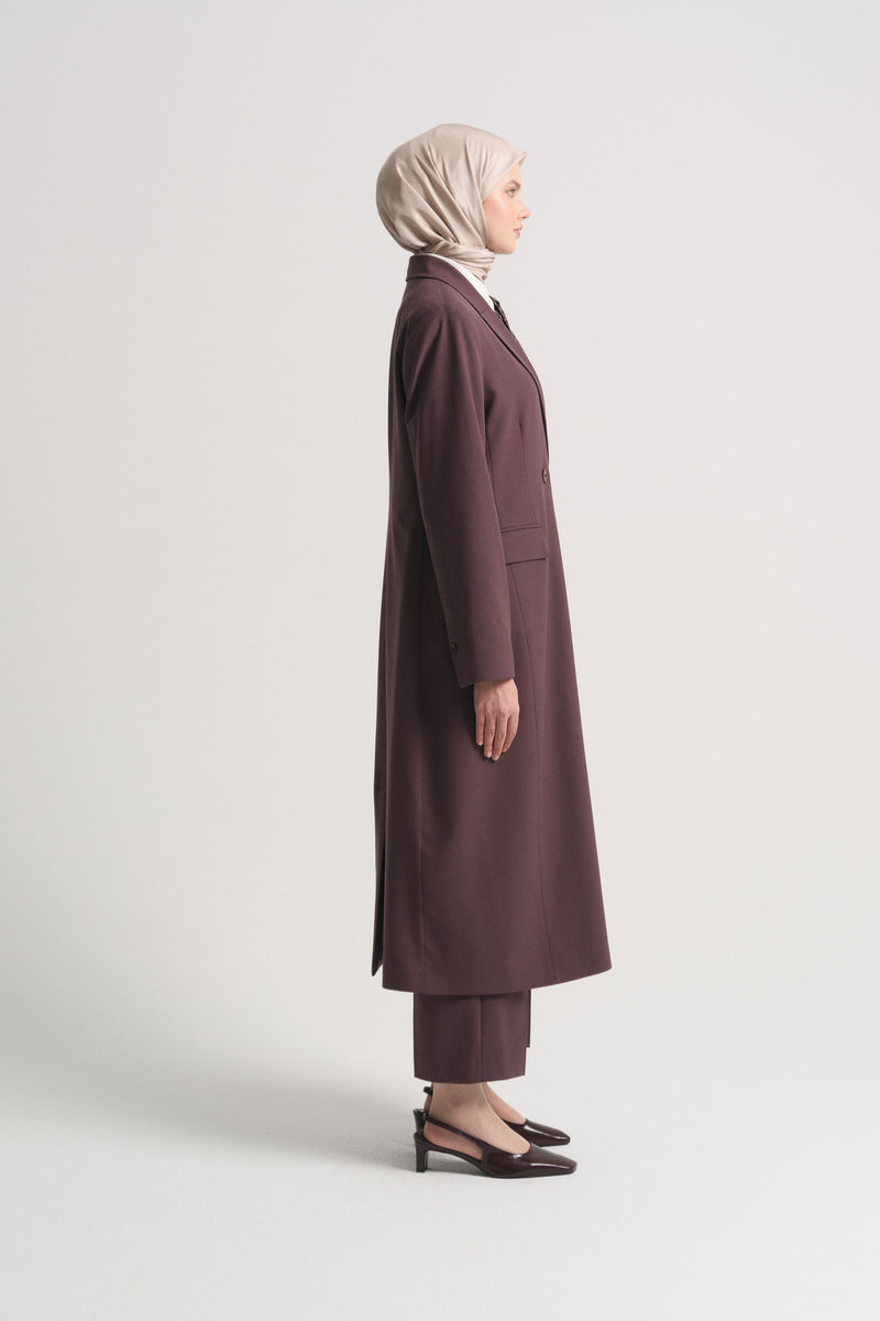Long Coat with Pocket Flap - Plum