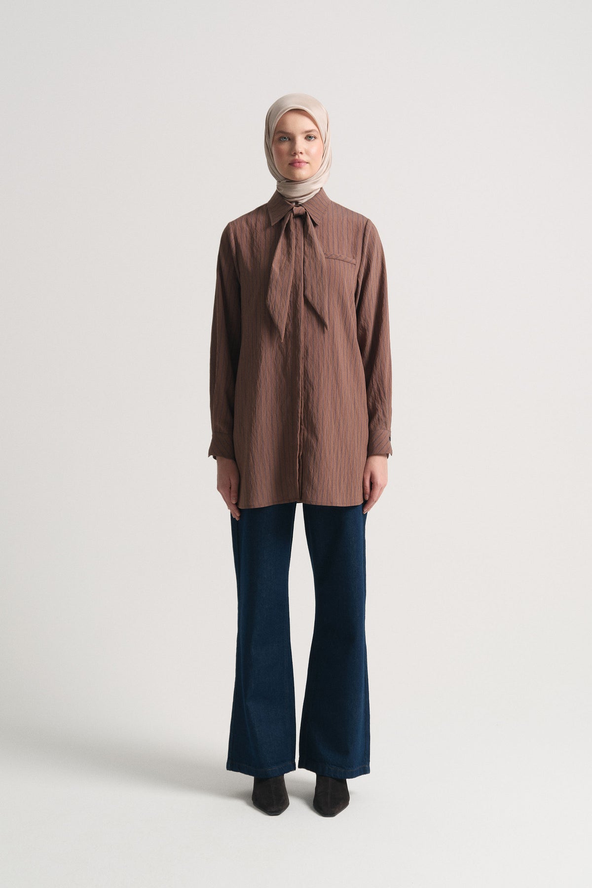 Viscose Blend Tunic with Neck Detail - Brown