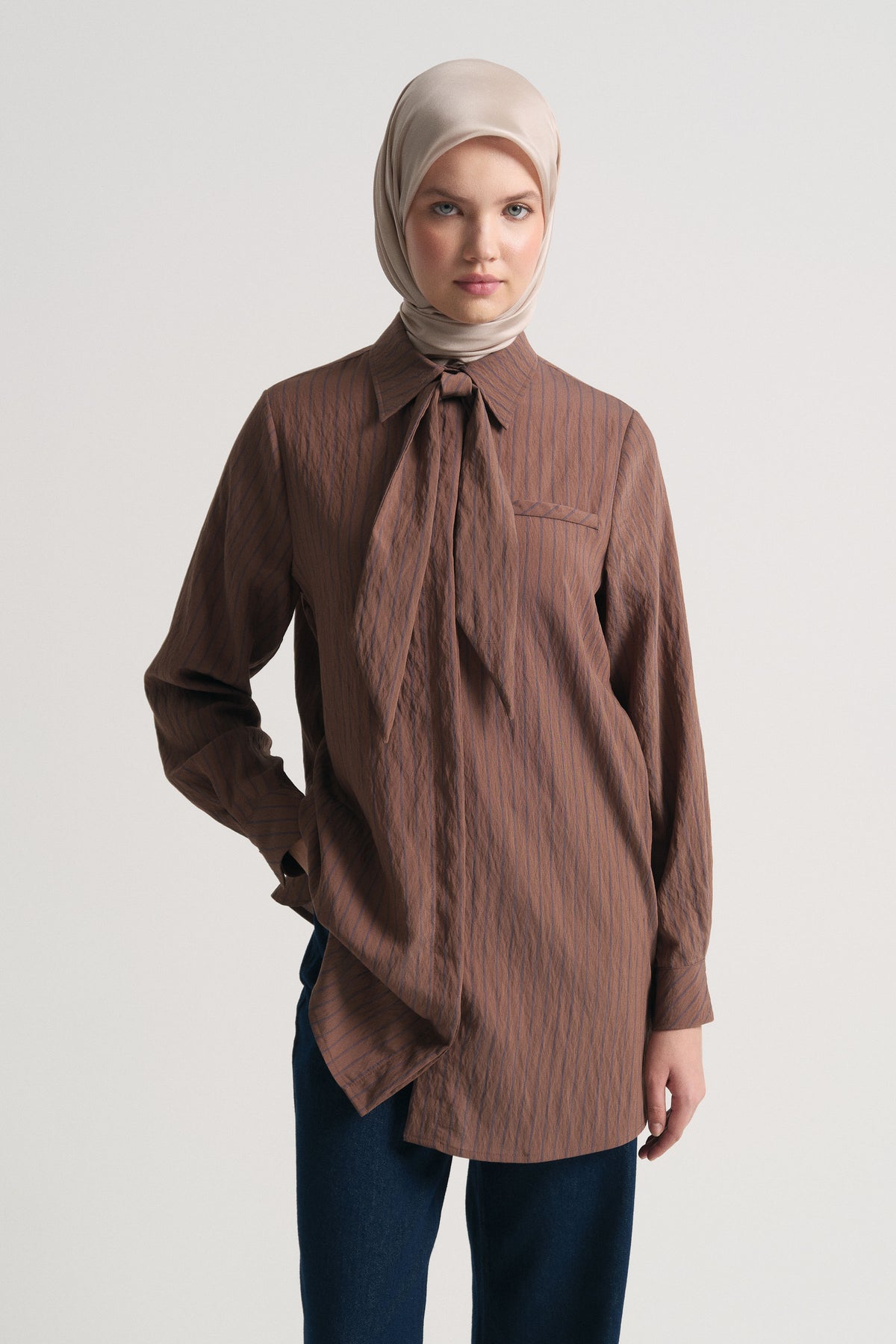 Viscose Blend Tunic with Neck Detail - Brown