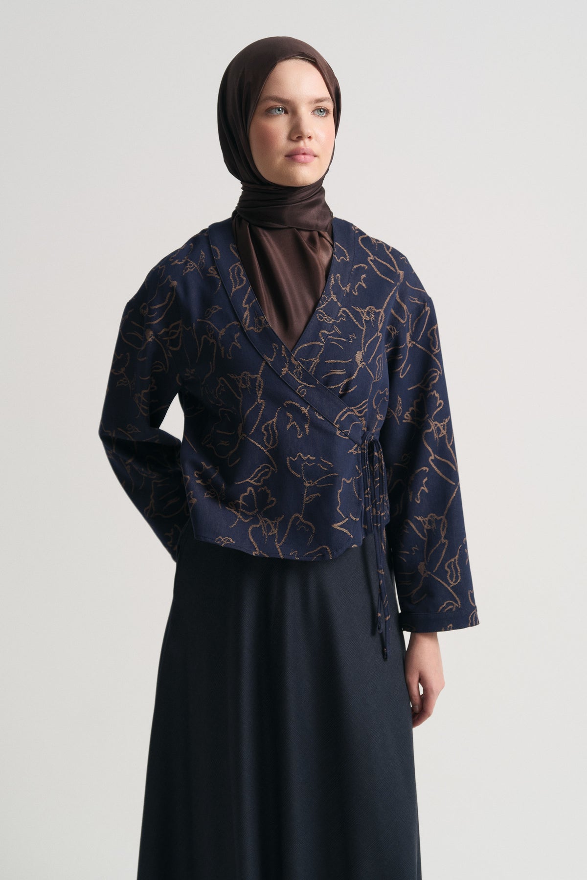 Pamuk Karışım Desenli Kimono - Lacivert