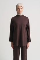 Cotton Blend Short Sleeve Sweatshirt - Brown