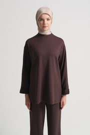 Cotton Blend Short Sleeve Sweatshirt - Brown