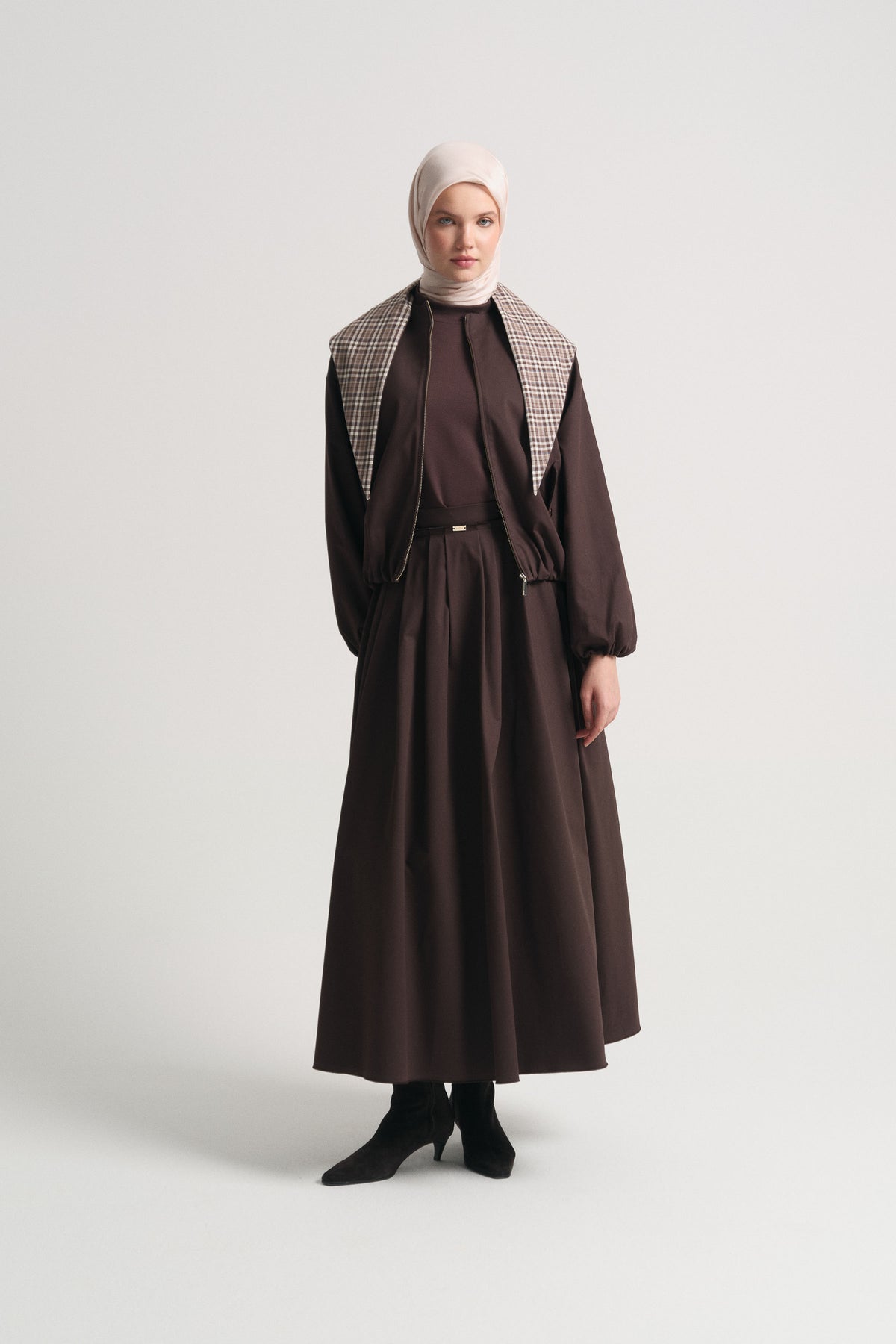 Cotton Blend Jacket with Scarf Detail - Brown
