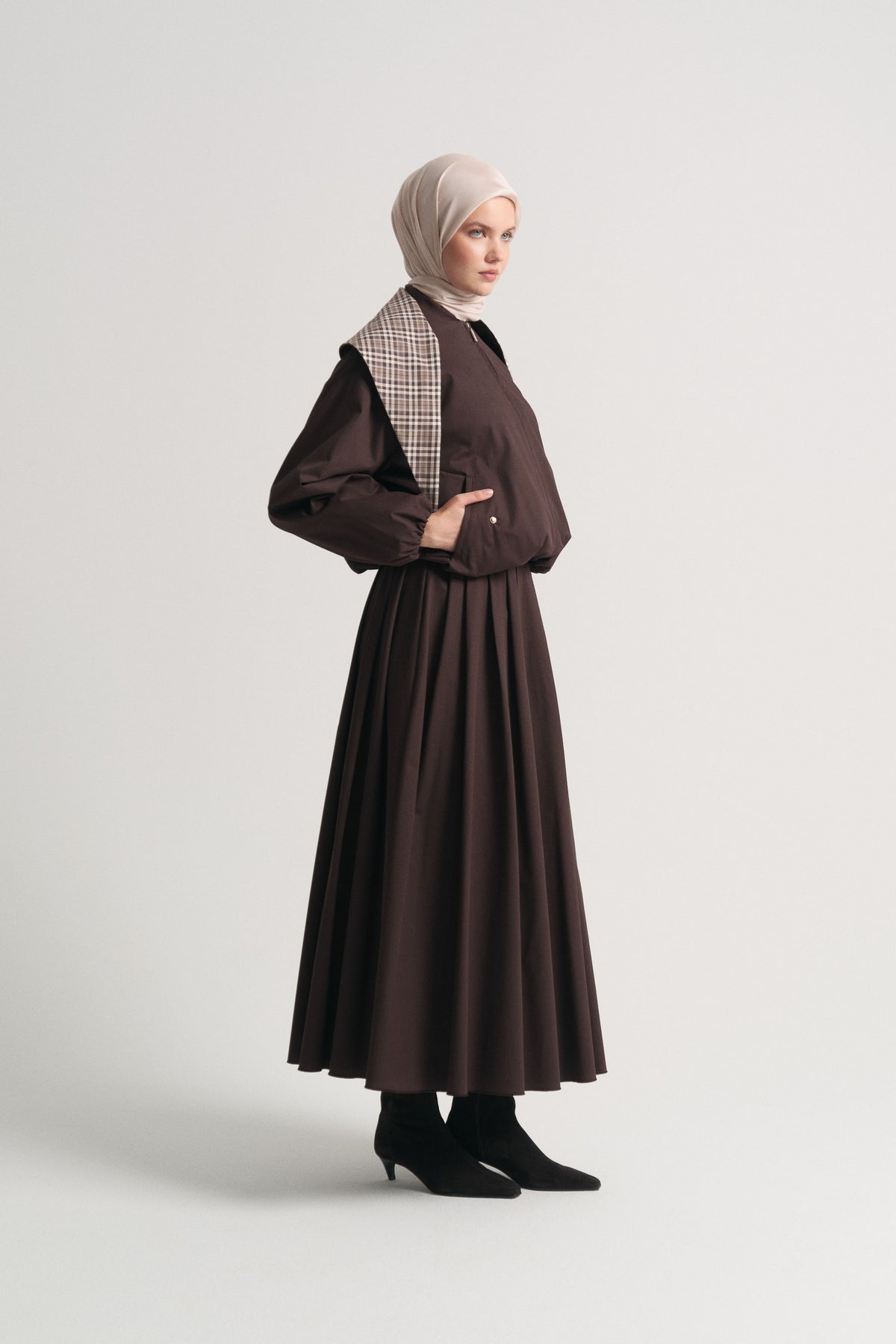 Cotton Blend Jacket with Scarf Detail - Brown