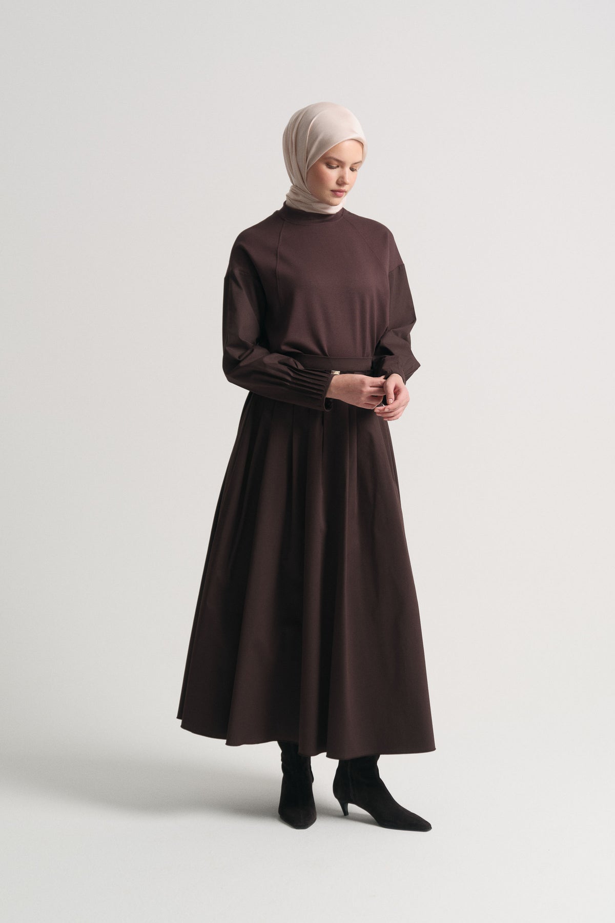 Cotton Blend Pleated Skirt - Brown