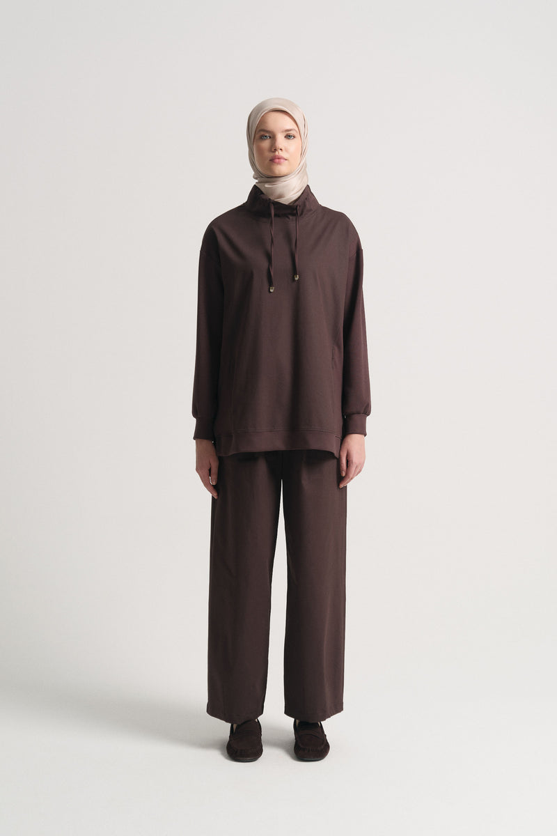 Viskon Karışım Dik Yaka Sweat - Kahve