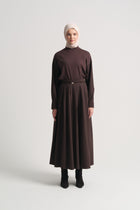 Cotton Blend Pleated Skirt - Brown