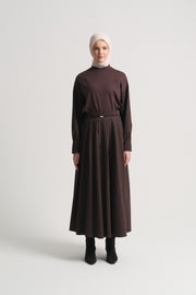 Cotton Blend Pleated Skirt - Brown