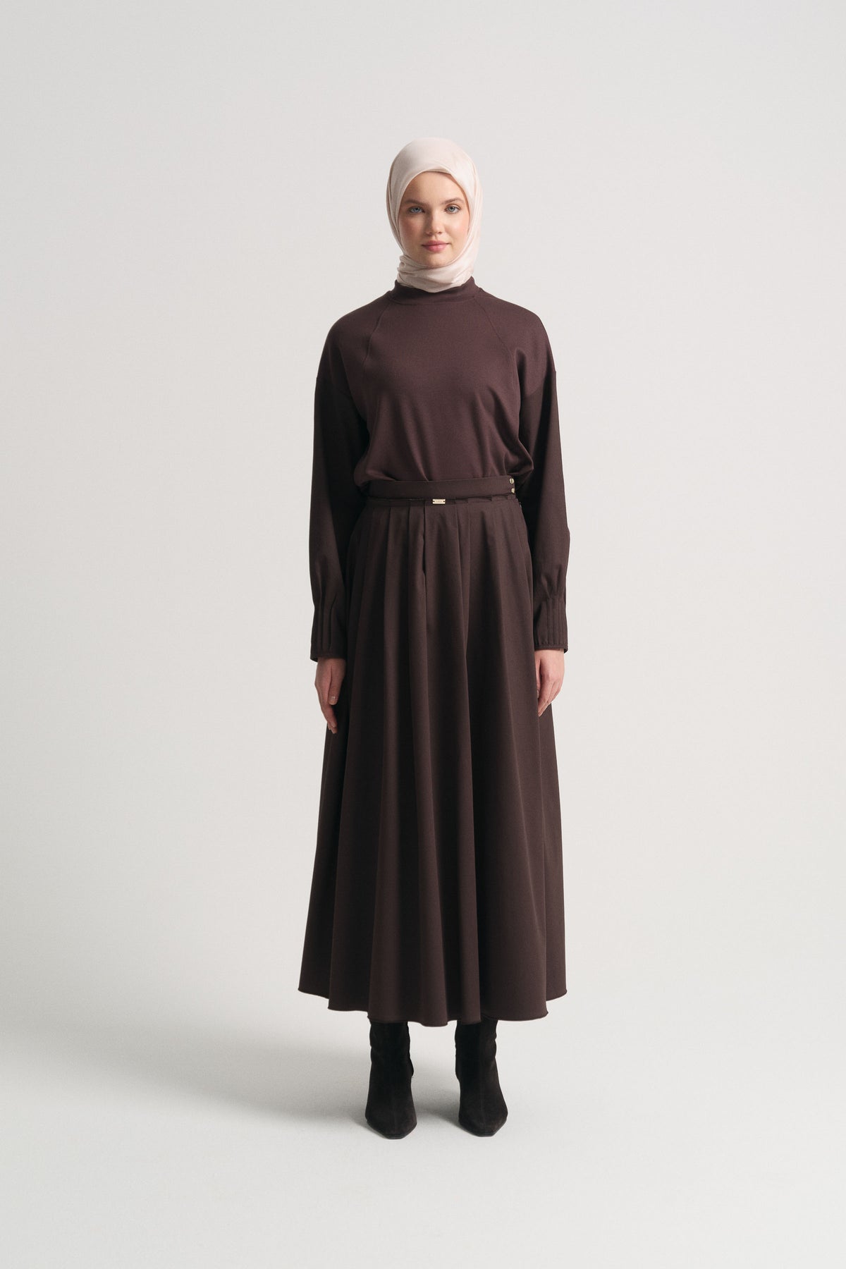 Cotton Blend Pleated Skirt - Brown