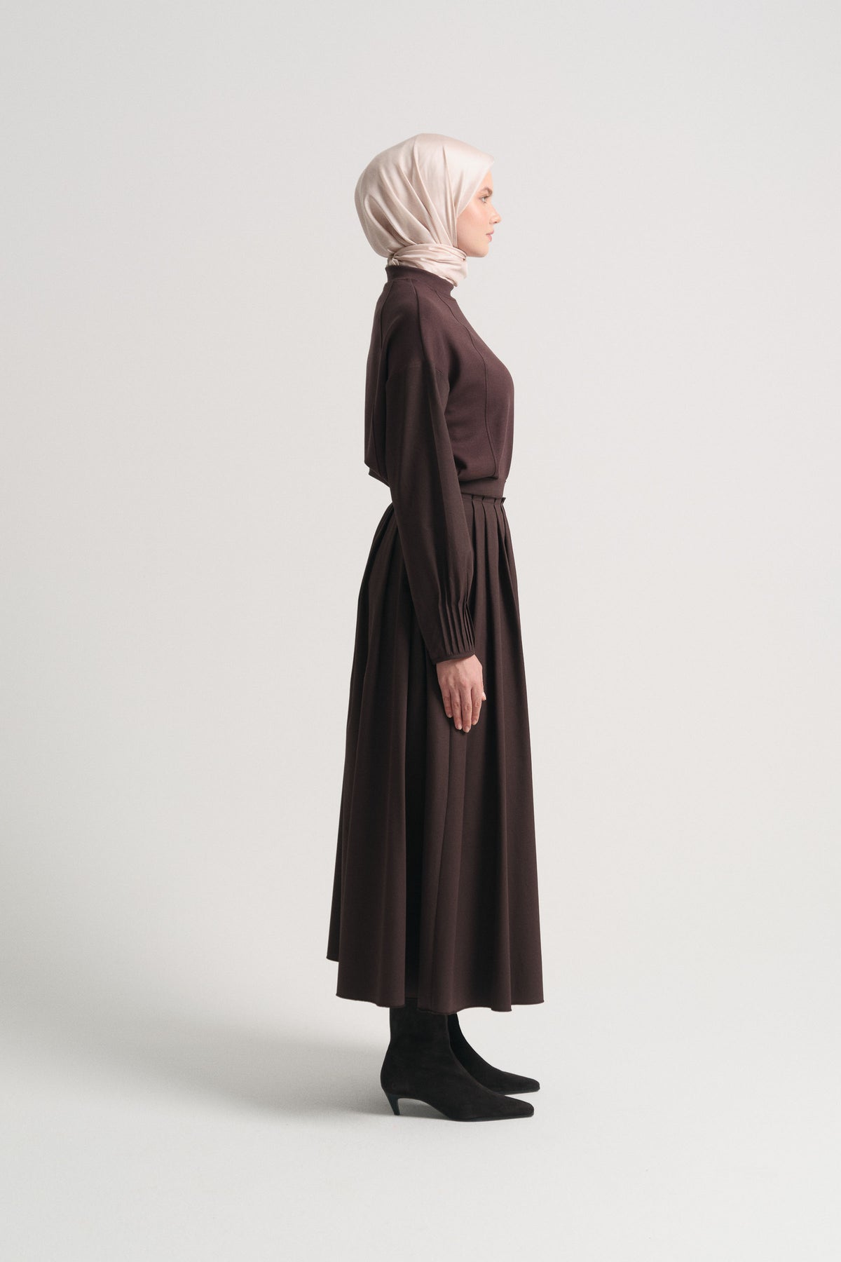 Cotton Blend Pleated Skirt - Brown