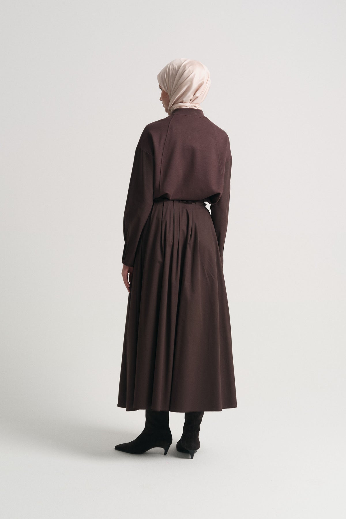 Cotton Blend Pleated Skirt - Brown