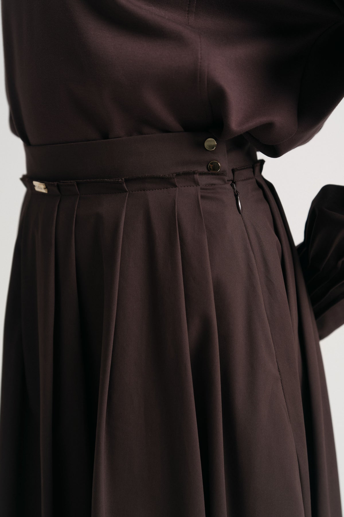 Cotton Blend Pleated Skirt - Brown