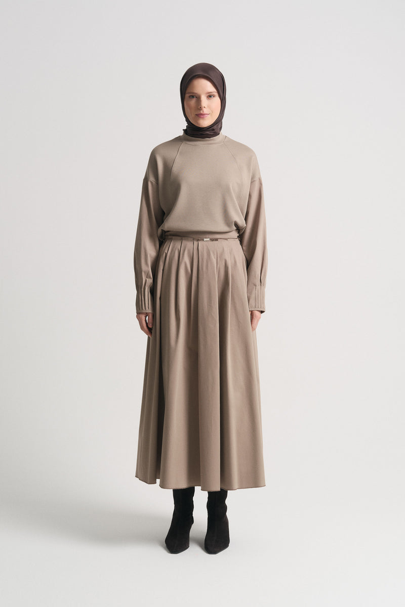 Cotton Blend Pleated Skirt - Sand