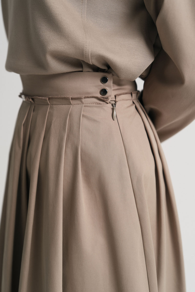 Cotton Blend Pleated Skirt - Sand
