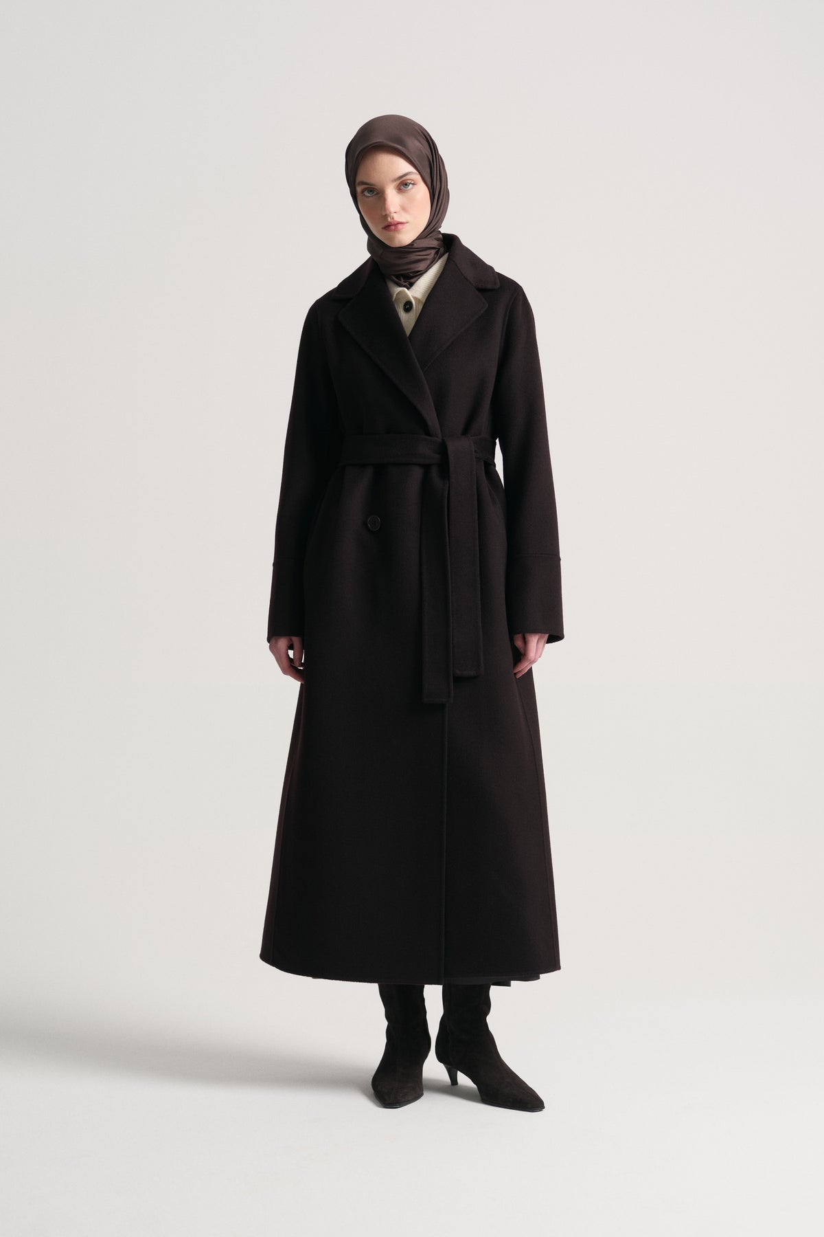 Cashmere Wool Blend Double-Breasted Coat - Brown