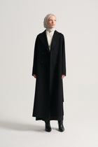 Cashmere Wool Blend Double-Breasted Coat - Black