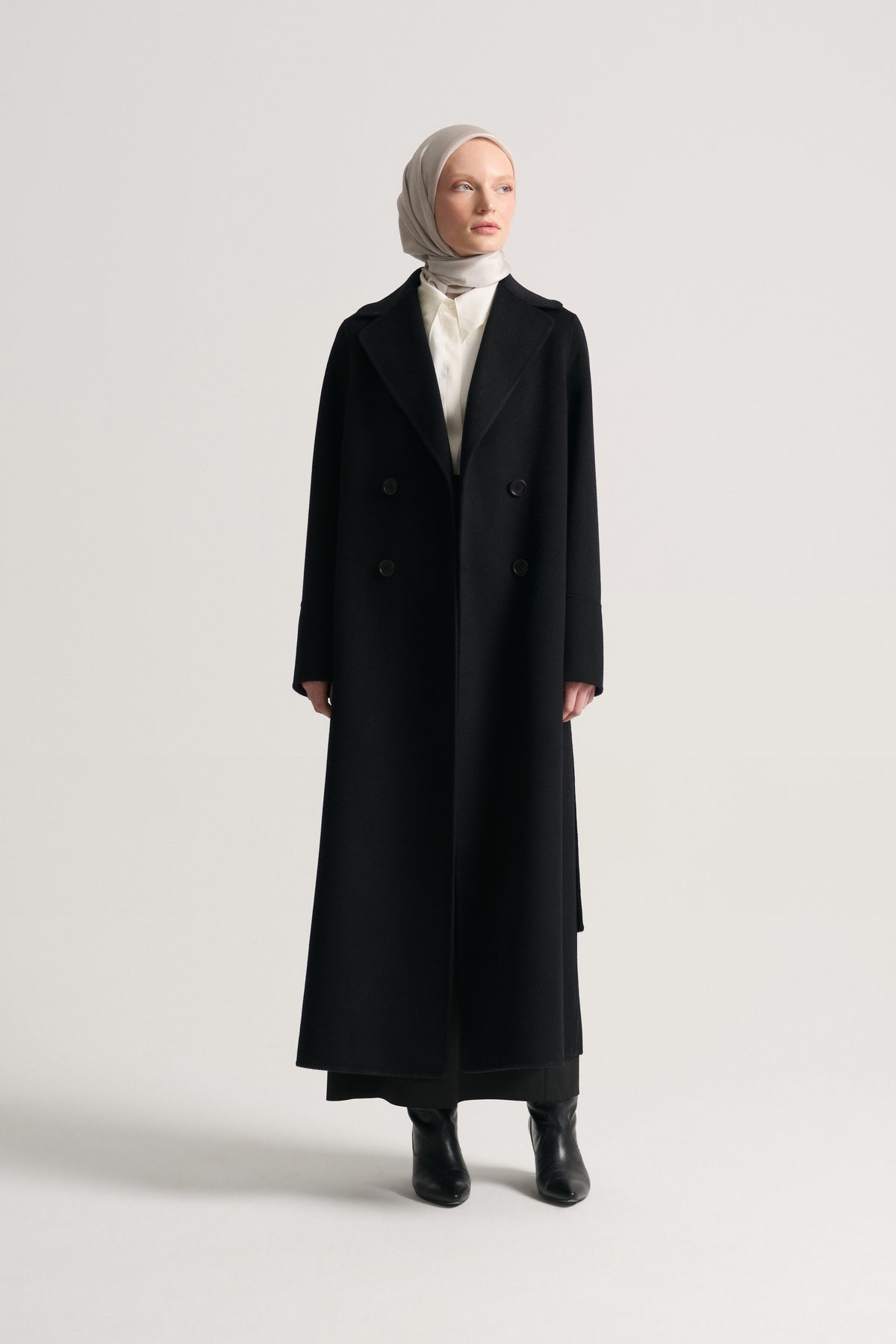 Cashmere Wool Blend Double-Breasted Coat - Black