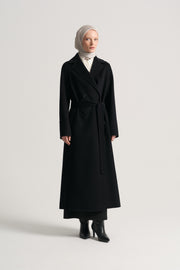 Cashmere Wool Blend Double-Breasted Coat - Black