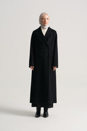 Cashmere Wool Blend Double-Breasted Coat - Black