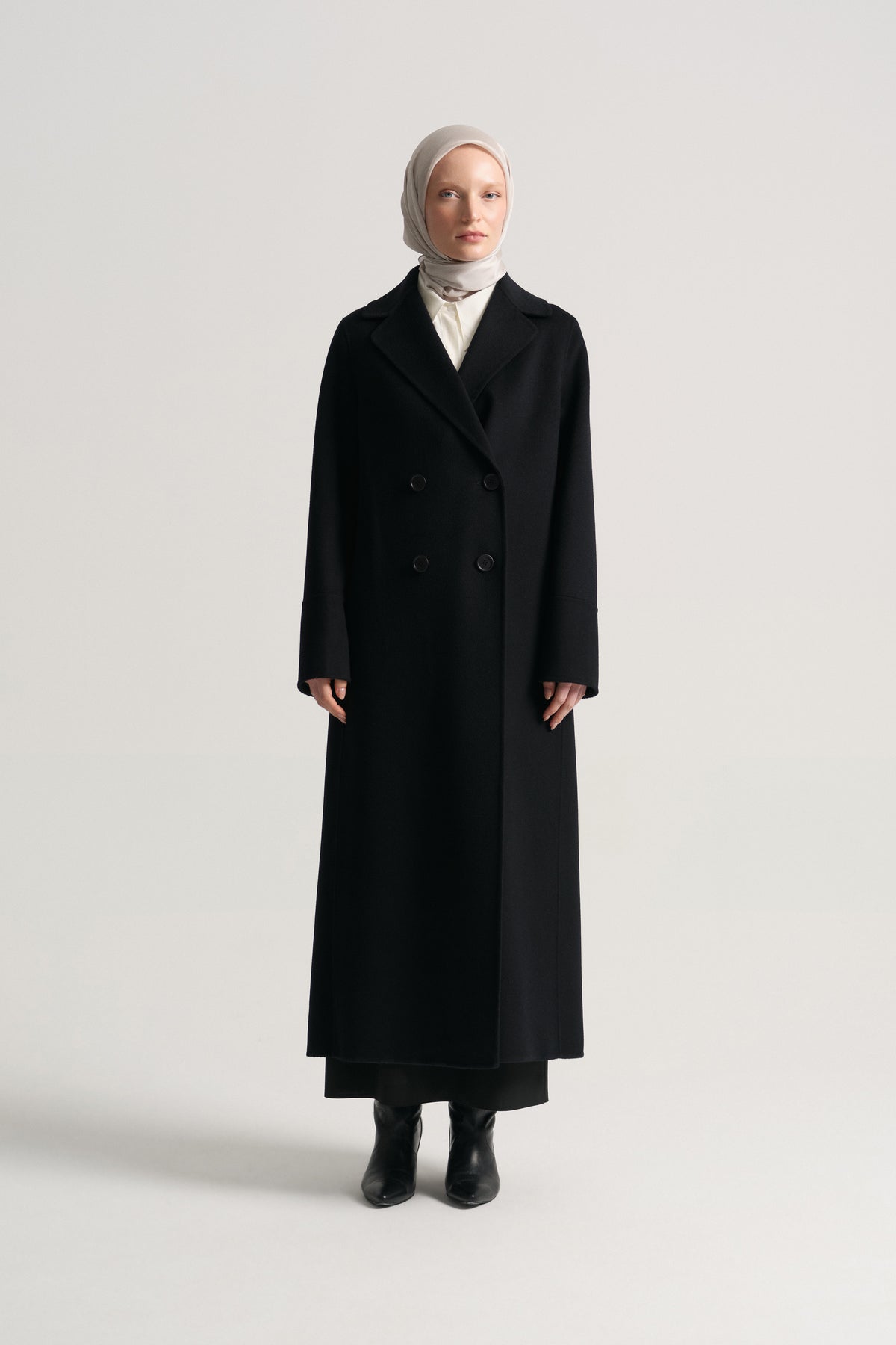 Cashmere Wool Blend Double-Breasted Coat - Black