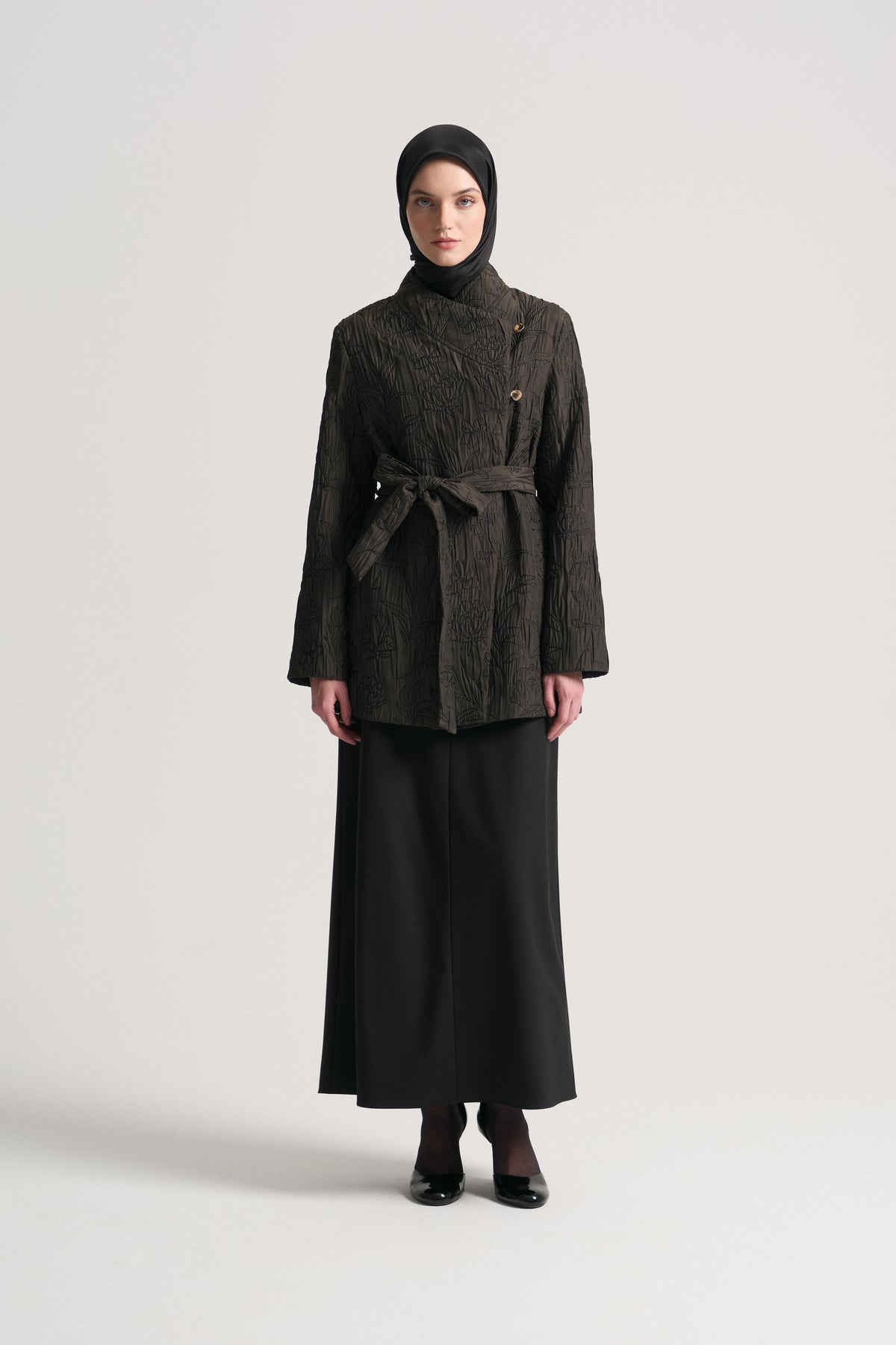 Side-Buttoned Belted Jacket - Brown